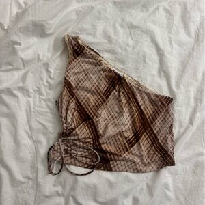 Princess Polly Brown Plaid One-Shoulder Top